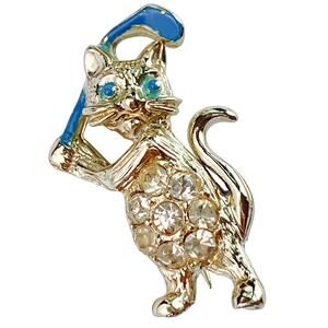 VTG Mid Century Cat Golf Club Brooch Rhinestones Enamel Novelty Gold Tone Pin